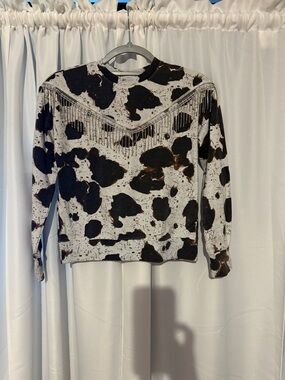 Willow Tree Black & Cream Cow Print Fringe Sweatshirt PTP:18